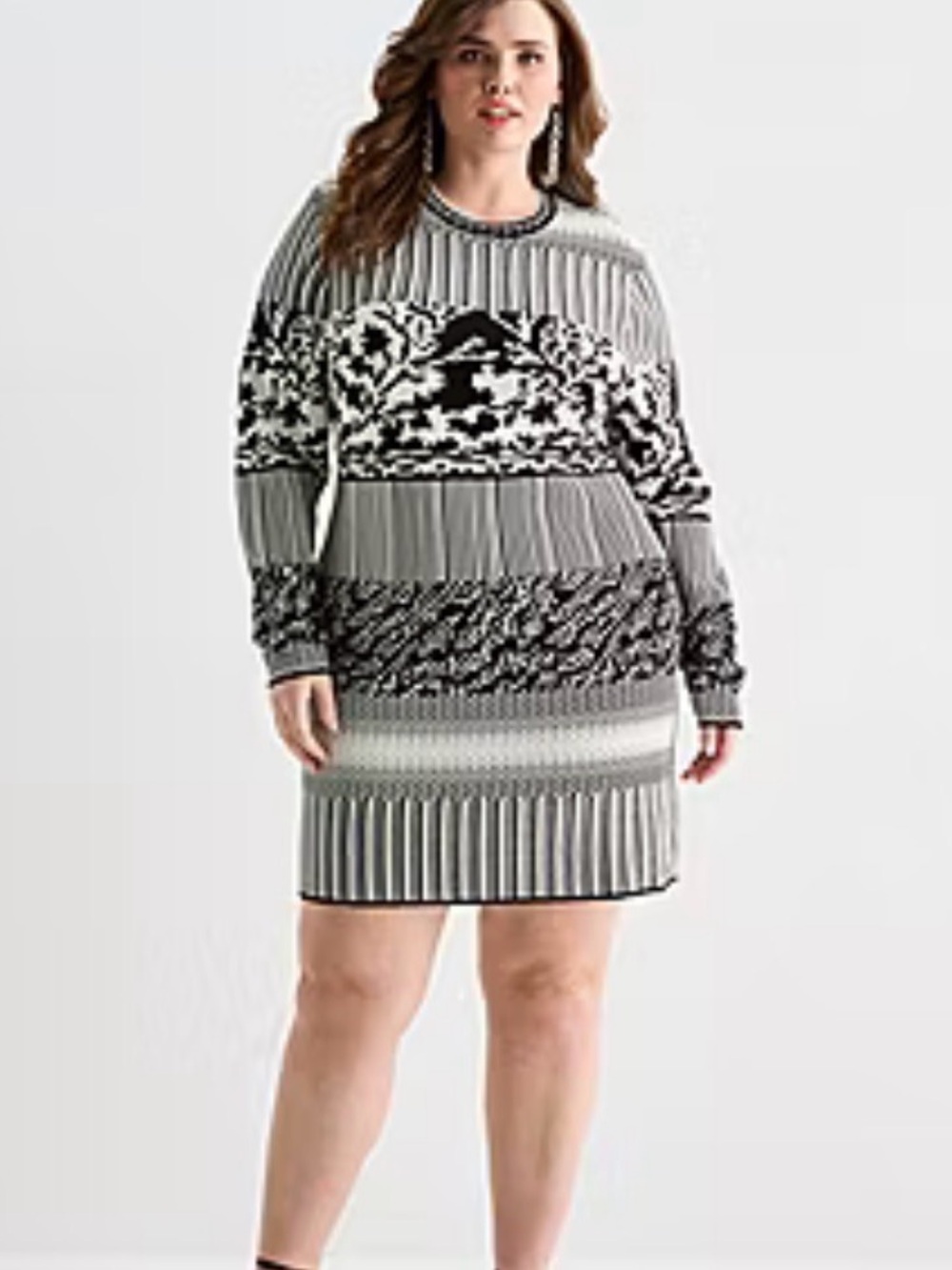 Ashley Graham Black & White Long-Sleeve Patterned Knit Dress